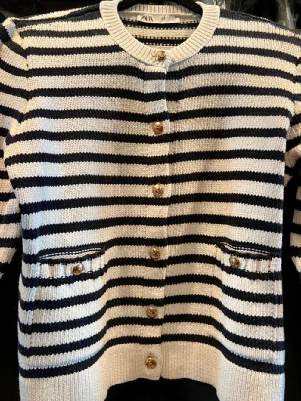 ZARA STRIPED KNIT CARDIGAN, NAVY & CREAM, MEDIUM